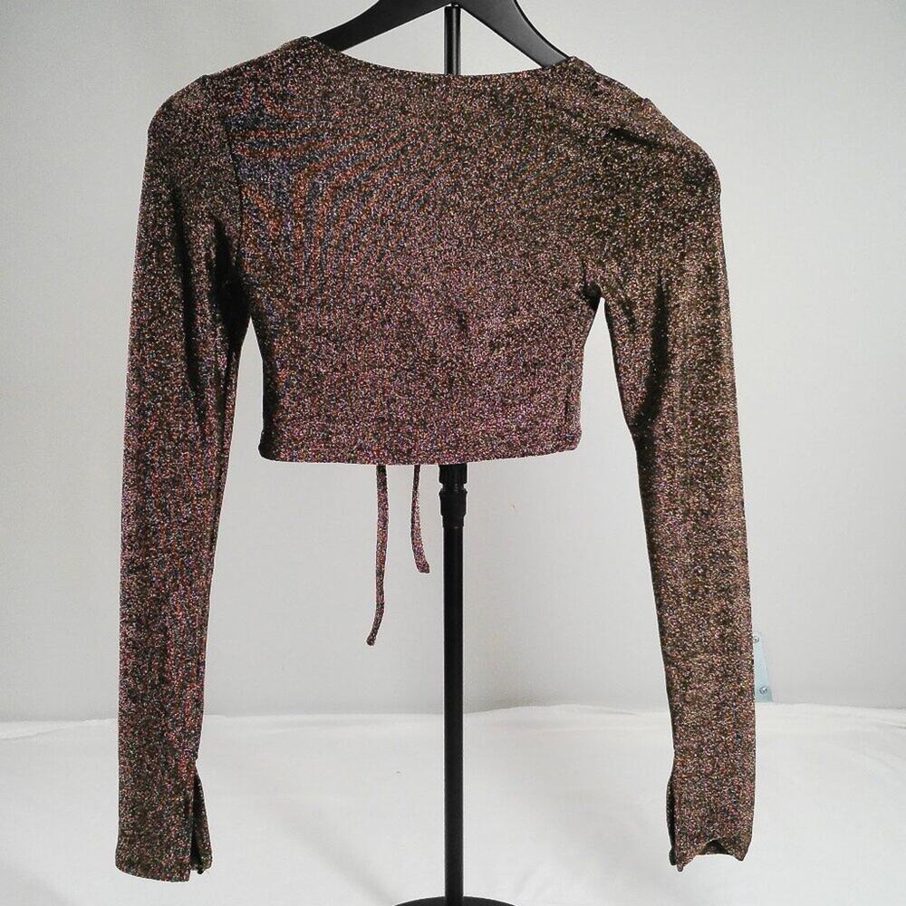 Bear Dance Metallic Shimmer Crop Top S Long Sleeve Halter Ring Clubwear
